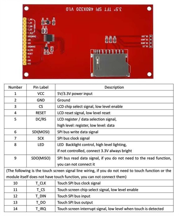 Wyświetlacz LCD TFT 3,5 IC ILI9488 DOTYKOWY 320x480 SPI z czytnikiemSD