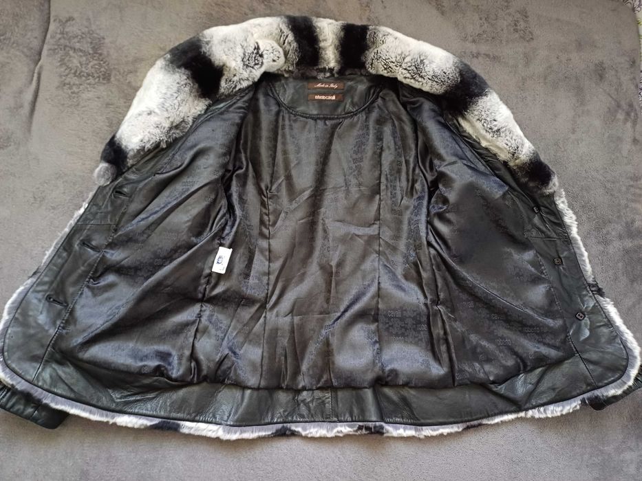 Roberto Cavalli skórzana kurtka ozdobiona futrem królika rozmiar M