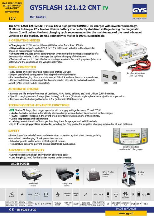 Carregador bateria +Estabilizador de Tensão Gysflash 100.12 HF Tuning