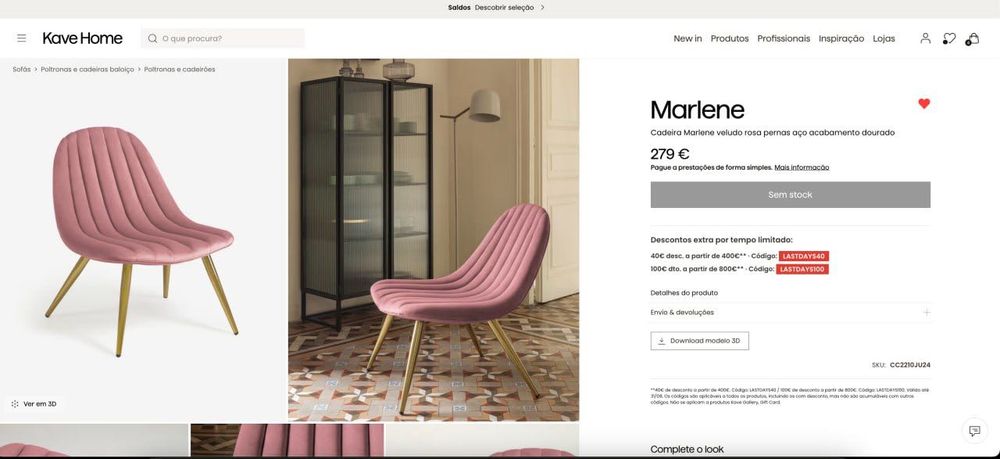 Cadeirão Pink Velvet Lounge Chair Gold Legs – Kave Home, Marlene