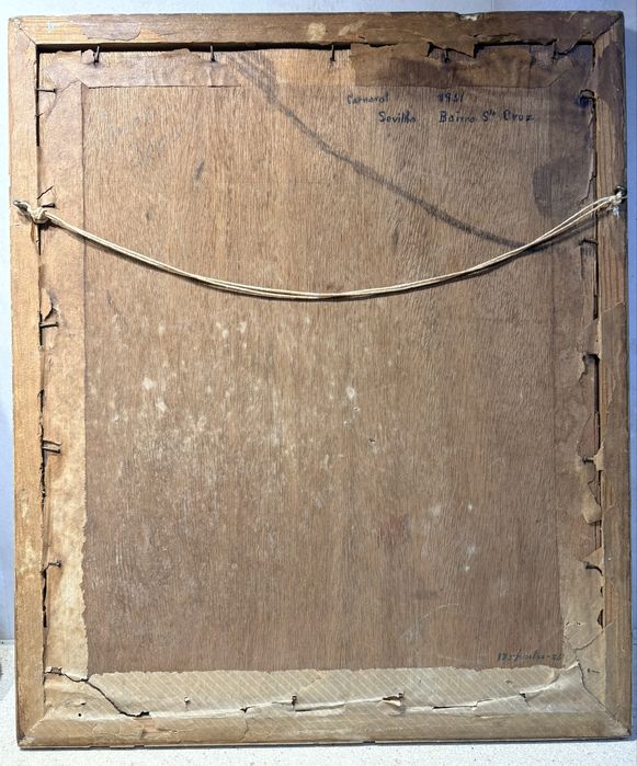 Linda antiga pintura paisagem de Sevilha em óleo sobre madeira de 1951