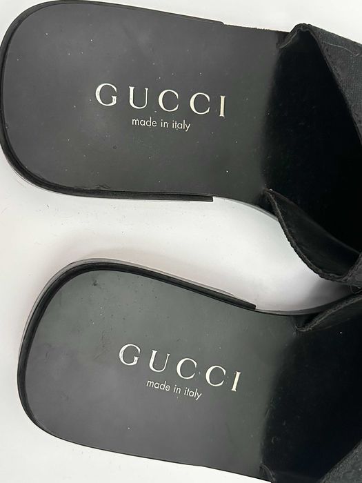 Шлепки Gucci GG Monogram Black Canvas Leather Sandals Sliders Flip Flops