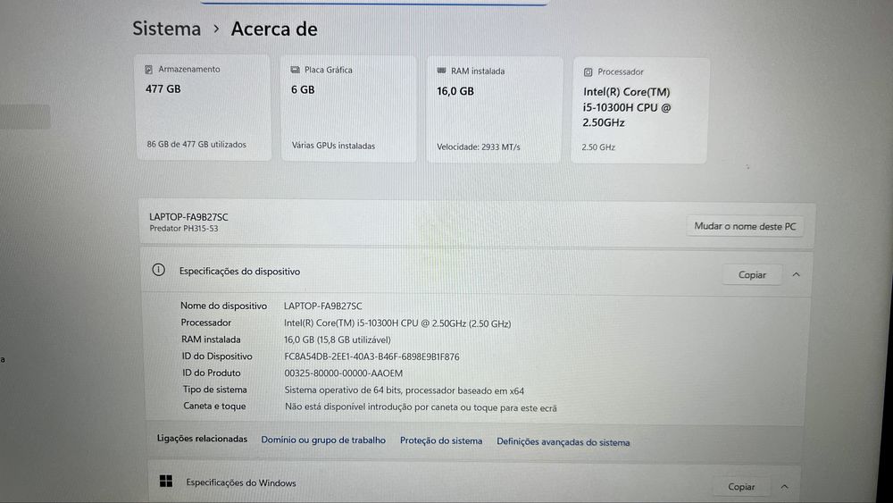 Portátil Acer Predator I5/16Gb Ram/GTX 1660Ti 6Gb/Ecrã 144Hz