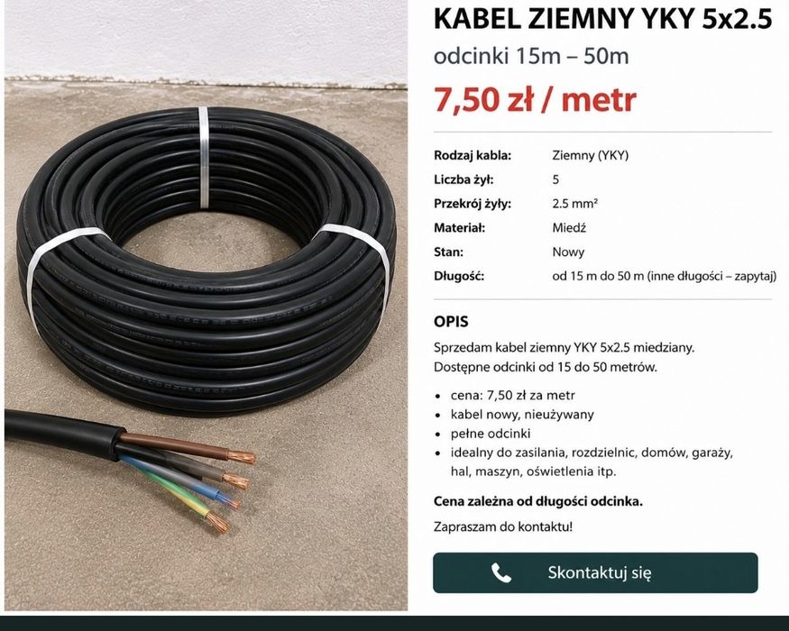 Kabel 5x2.5 ziemny krążek 20m  i odcinek biały okrągły 8m