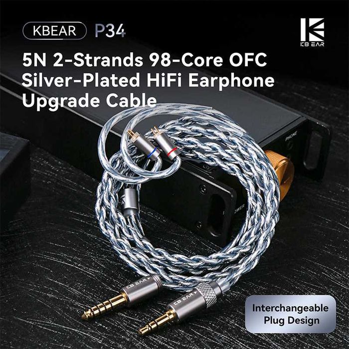 ‼️ KBEAR P34 - модульный кабель, 98 жил, OFC silver plated, Jack 3.5/4.4 мм