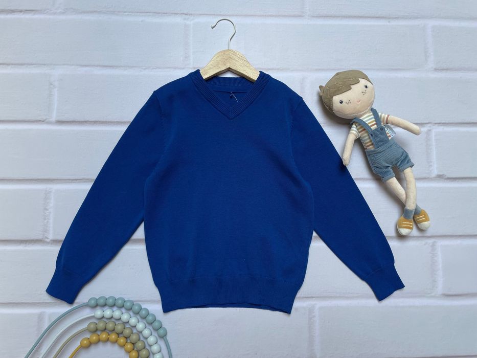 110 116 George niebieski sweter sweterek bawełniany v-neck chabrowy