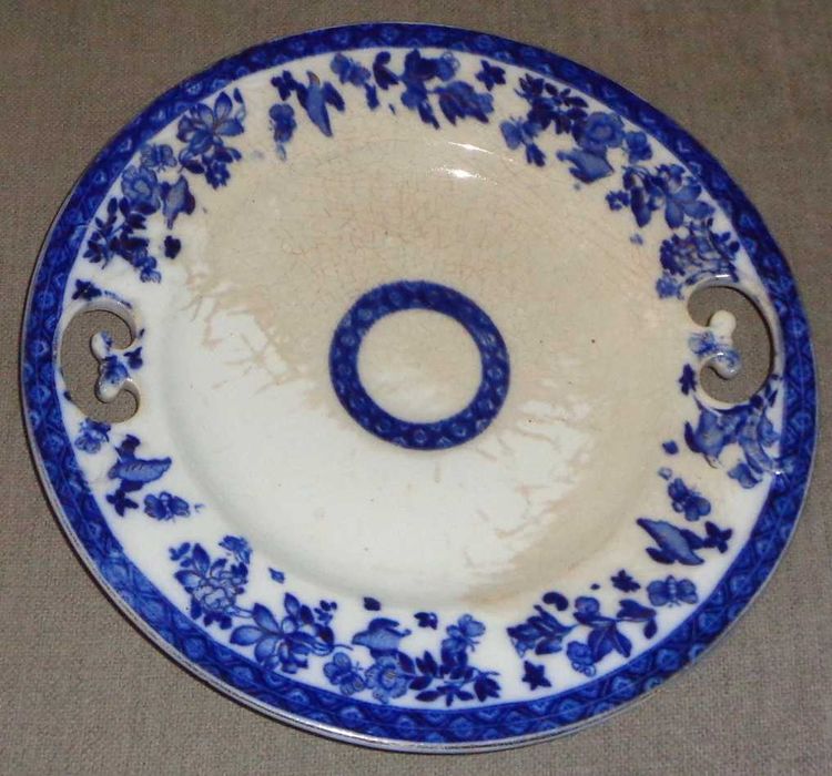 Prato para bolo, decoração azul com dourados, "Massarellos