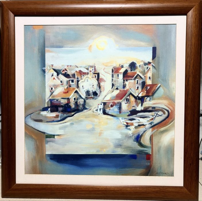 Signed and Framed Silkscreen Print of a Modern Coastal Village Painting