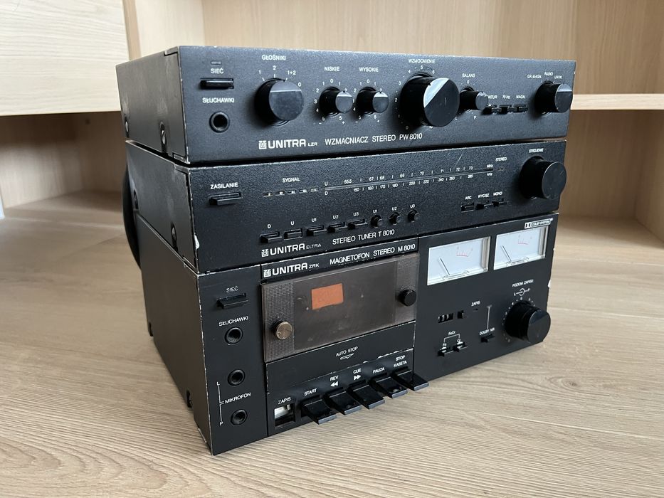 Wieża Unitra Fonica/ZRK/Eltra czarna, sprawna i oryginalna, komplet 8010 wzmacniacz PW 8010, tuner T 8010, magnetofon  M 8010 ORYGINALNE INSTRUKCJE!