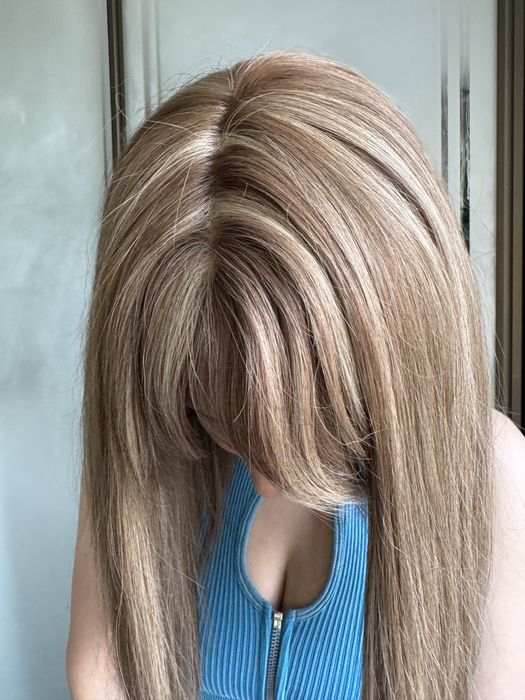 Парик с натуральных волос русый мелировка удлинённое каре с чёлкой