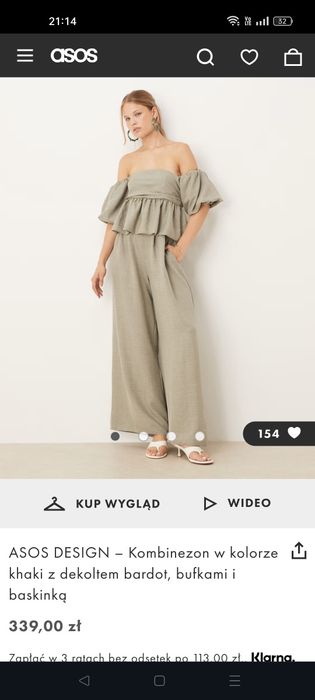 Asos Design nowy kombinezon khaki z dekoltem Bardot S 36