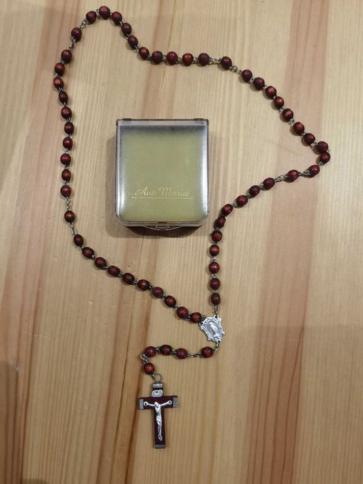 Różaniec lata 70 prl drewno metal posrebrzany