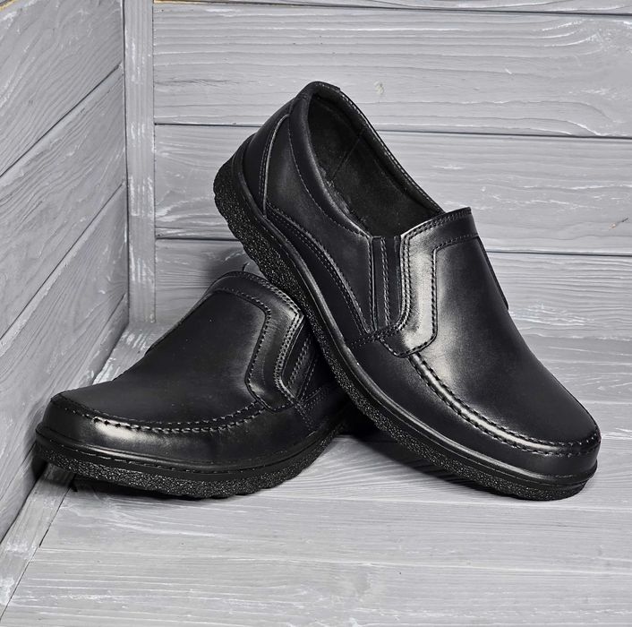 39-48рр! Кожаные мужские черные широкие прошитые туфли резинка шнурок!