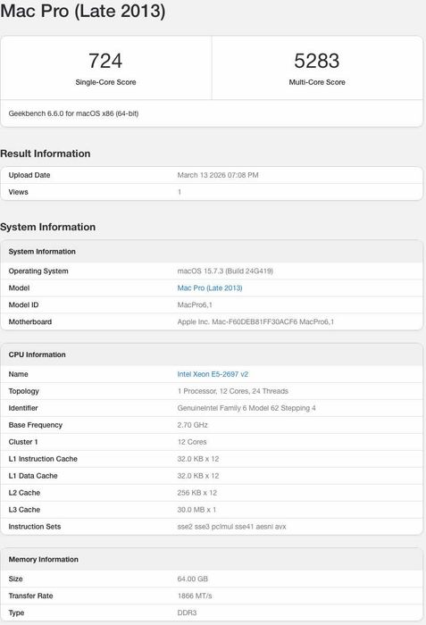 Mac Pro 6.1   12 Core Xeon E5-2697v2  2,7GHz  64GB RAM IDEALNY