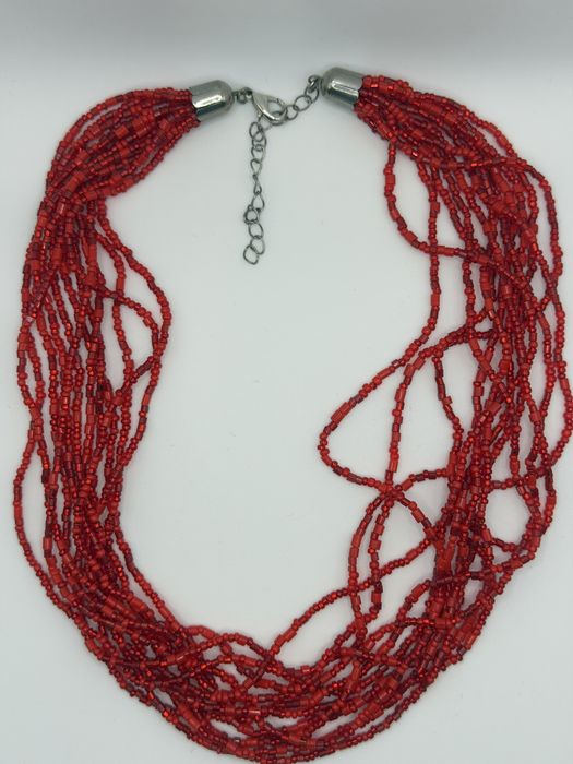 Naszyjnik damski koraliki wielorzędowy boho statement czerwony elegancki regulowany