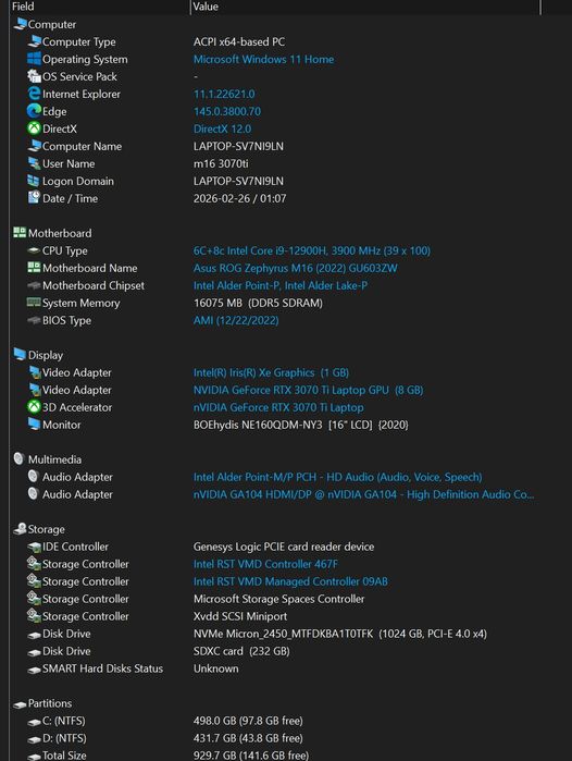 ASUS ROG Zephyrus M16 GU603ZW — i9 / RTX 3070 Ti / ddr5 16GB / 1TB SSD