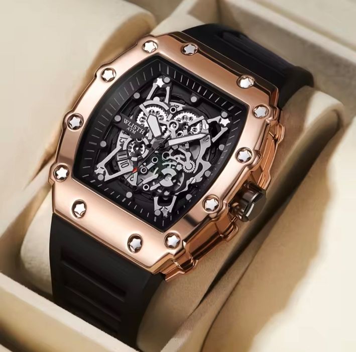 Relógio WLISHT Esqueleto em Ouro Rosa/preto com Bracelete de Silicone