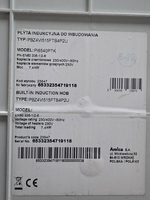 Kuchenka indukcyjna Amica uszkodzona