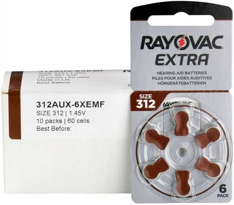 RAYOVAC EXTRA 312, 13, 10, 675 Baterie do aparatów słuchowych 60szt różne rozmiary