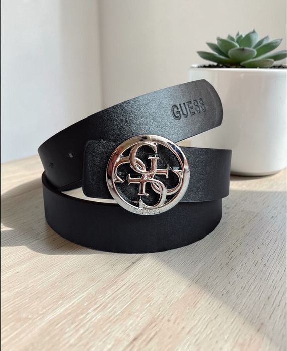 NOWY Pasek Guess czarny klamra okrągłe logo 120 cm