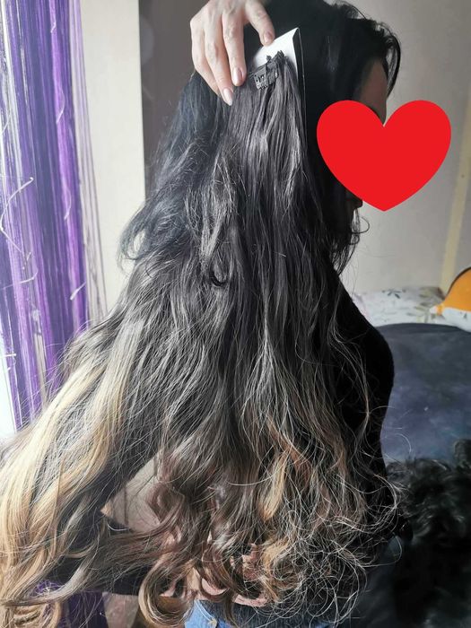 Doczepiane włosy ombre czerń brąz clip 65cm fale