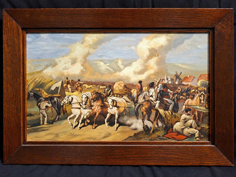 Obraz olejny na płótnie – jarmark koński, konie – drewniana rama 65×43 cm