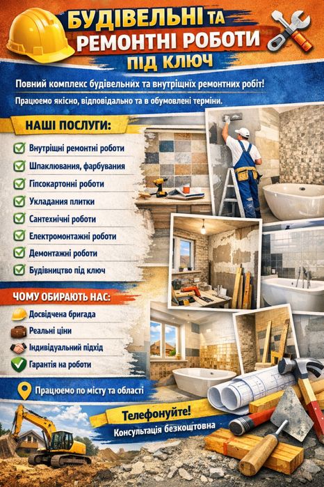 Будівельні послуги: внутрішні та зовнішні роботи