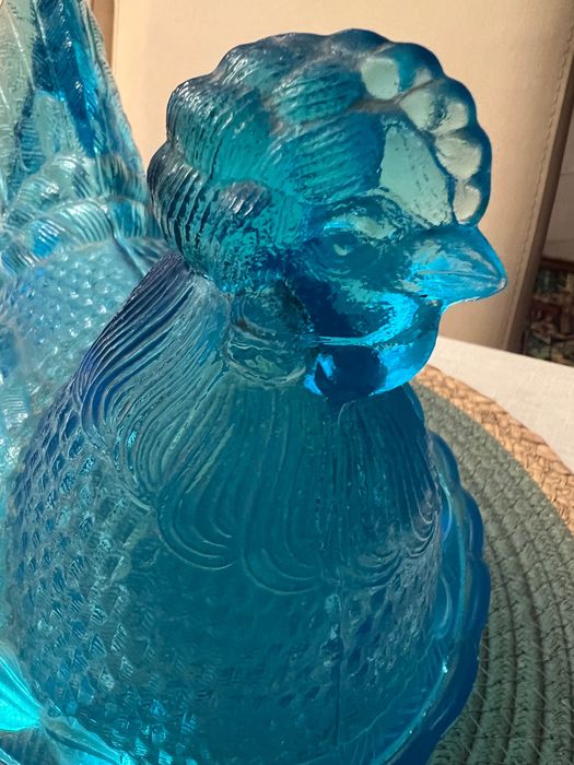 Duża Kura szklana turkusowa niebieska HSG Ząbkowice, PRL, new look