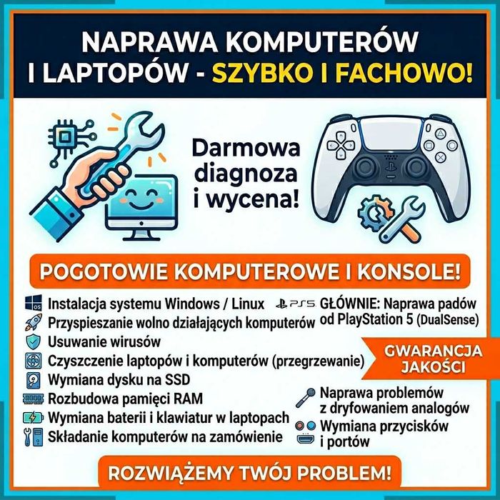 Serwis komputerów i naprawa padów PS5 – Windows, SSD, wirusy