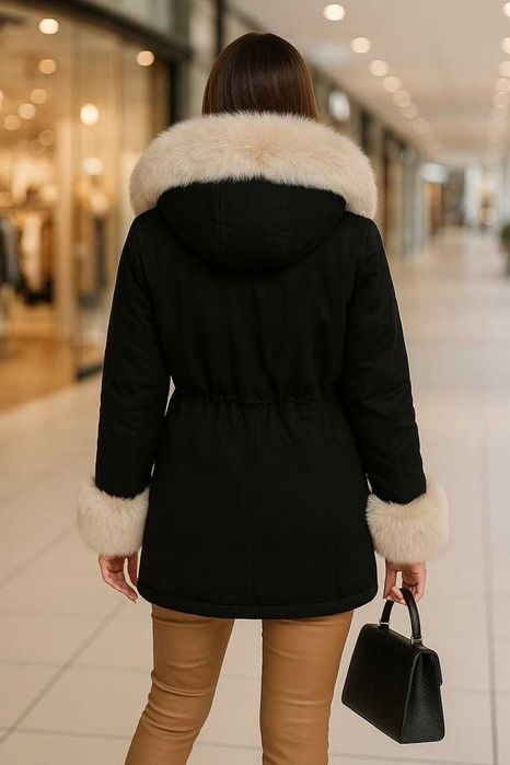 Piękna czarna kurtka zimowa damska z odpinanym futrem i kapturem