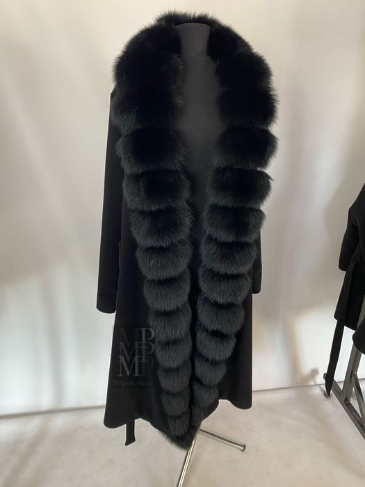 Жіноче чорне кашемірове пальто з натуральним хутром песця, 42-54 рр
