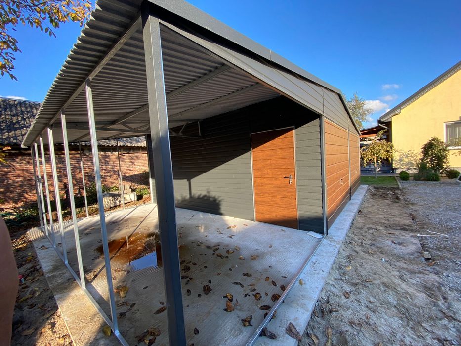 Garaż blaszany 6x6 plus wiata 3x6, grafit mat, antracyt, producent.