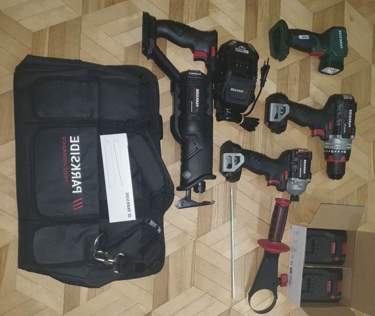 Parkside Wiertarko-wkretarka, Klucz udarowy, Piła, Latarka, 2 akum4Ah