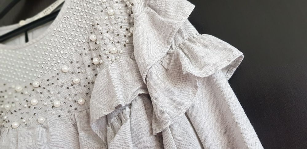 ZARA Basic szara bluzka falbanki koraliki perełki S gratis