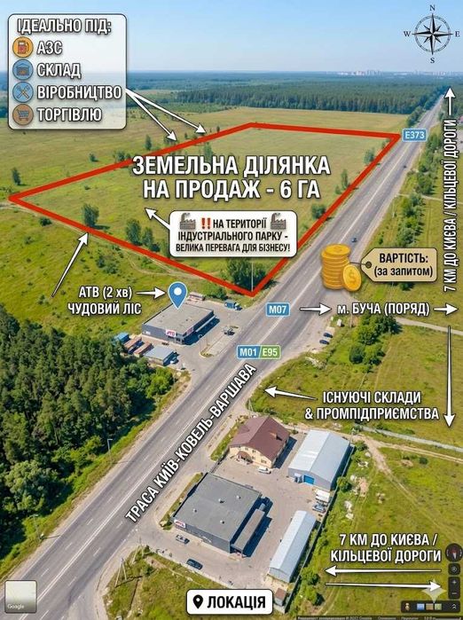 Продається Фасадна Земельна Ділянка під склад, промисловість біля Бучі, траси Київ-Ковель.