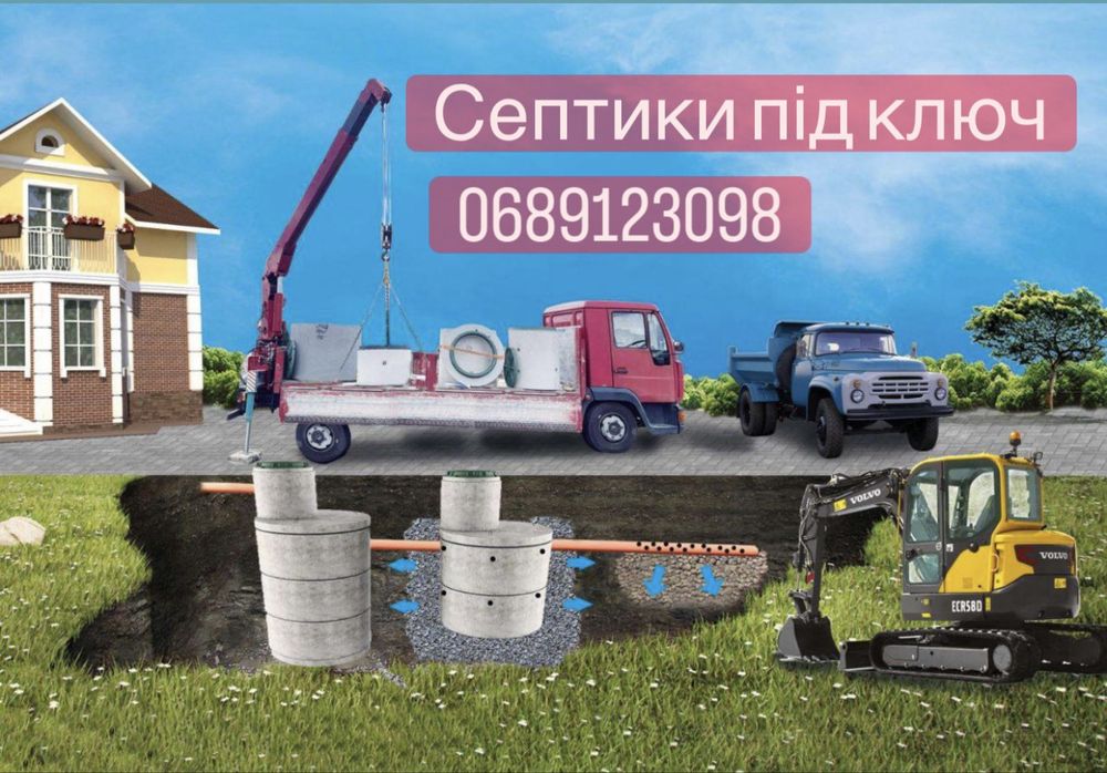 Септики під ключ копка ями під каналізацію доставка кілець екскаватор