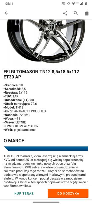 Felgi tomason z oponami lato 18" 5x112