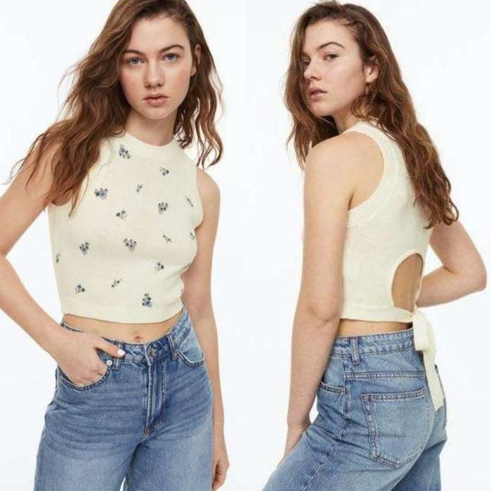 H&M Krótki bezrękawnik sweterek na lato kwiaty kwiatuszki