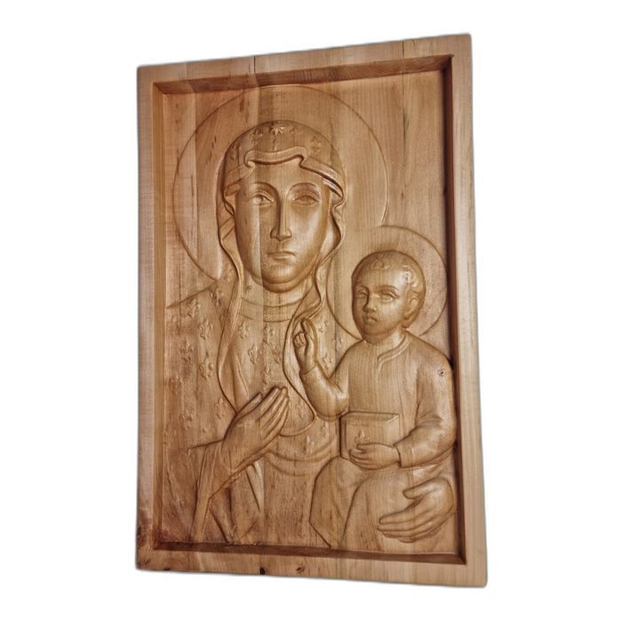 Matka Boska Częstochowska z Dzieciątkiem – lipowa płaskorzeźba 36,5 × 55 cm