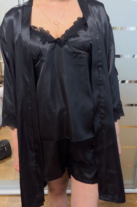 Комплект пижамы шелковый атласный 5в1 шорты штаны халат пеньюар майка