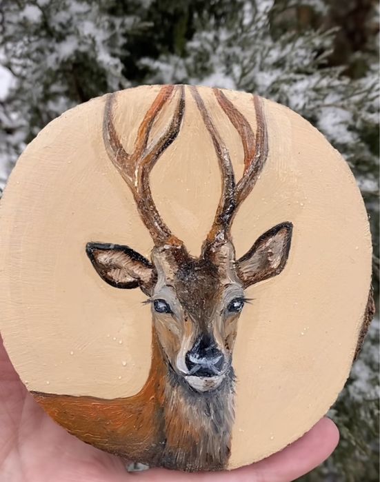 Картина на спилі дерева олійними фарбами «олень»