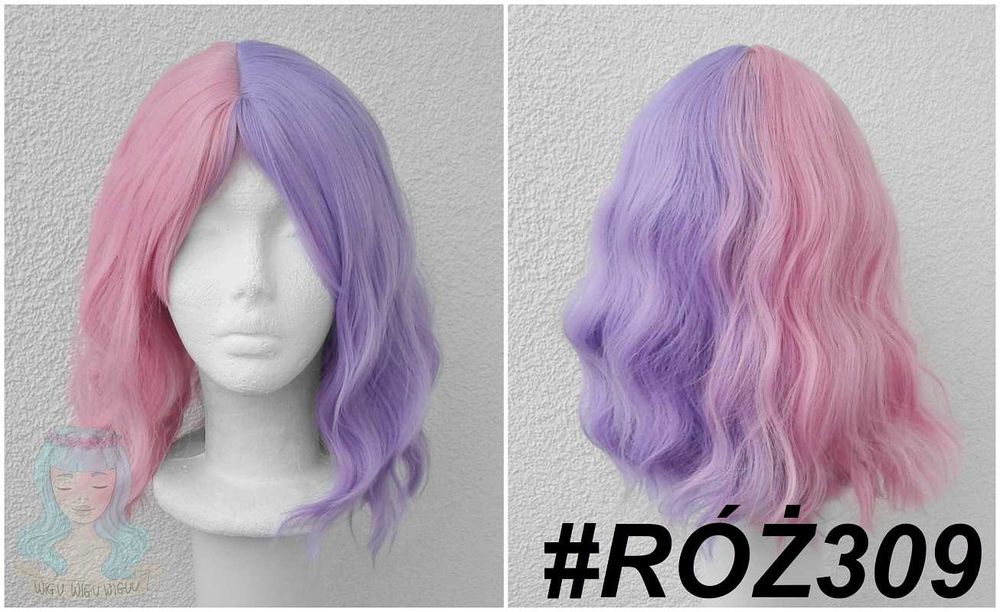 Pastelowa różowa fioletowa dwa kolory split dye peruka cosplay wig