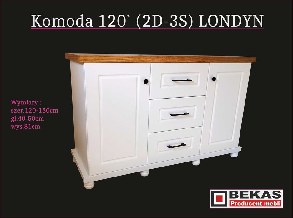 Biała Komoda LOFT 120` Blat Dąb Naturalny Lakierowany Producent BEKAS