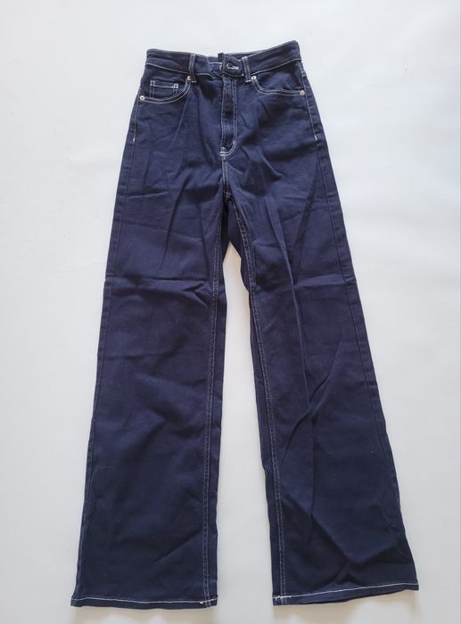 Granatowe szerokie spodnie wide leg wysoki stan jeans 34 XS