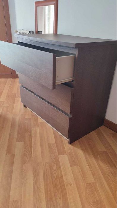 MALM / STORKLINTA - Cómoda c/3 gavetas, castanho escuro/efeito carvalho, 80x77x48 cm