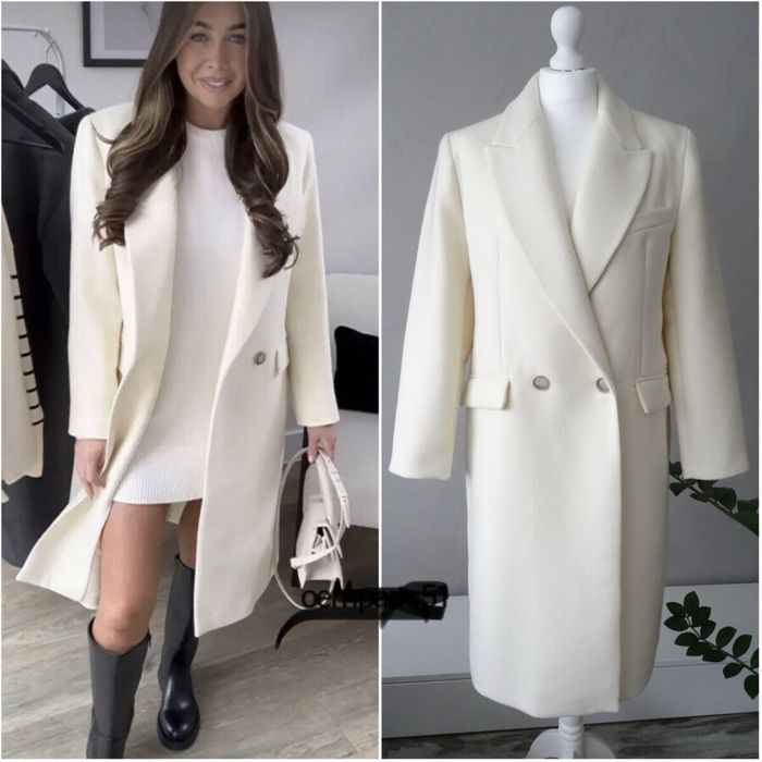 Zara wełniany śmietankowy kremowy płaszcz oversize 36 S