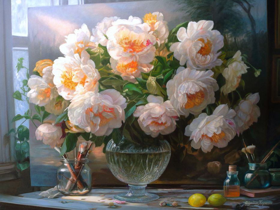 Obraz Olejny Peonie w pracowni - Zbigniew Kopania