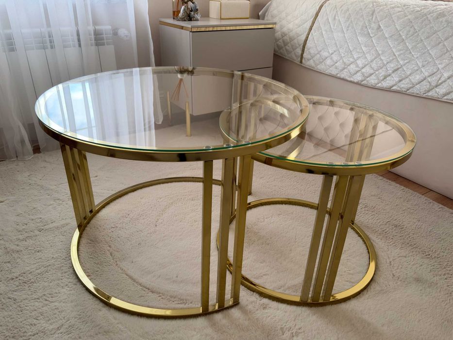 Okrągły stolik kawowy * 2w1 * Lori Glass * Złoty Chrom * Glamour * Jak nowy