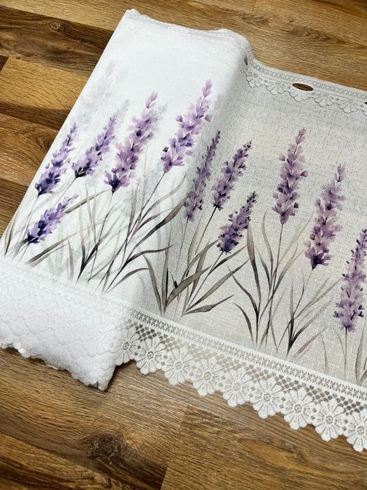 Zazdrostka żakardowa biała kwiaty lawenda wysoka 49cm