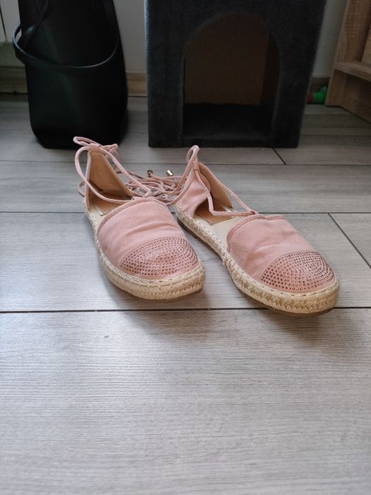 Wiązane damskie różowe espadryle z elementami świecącymi  letnie